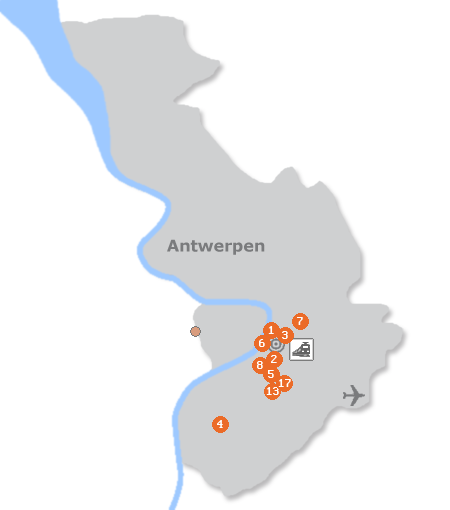 Karte mit Pensionen und anderen Unterkünften in Antwerpen