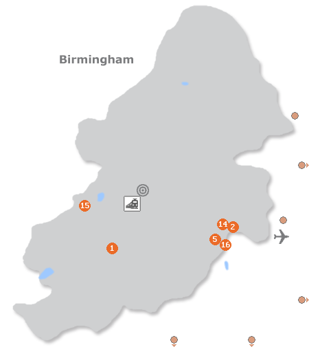 Karte mit Pensionen und anderen Unterkünften in Birmingham