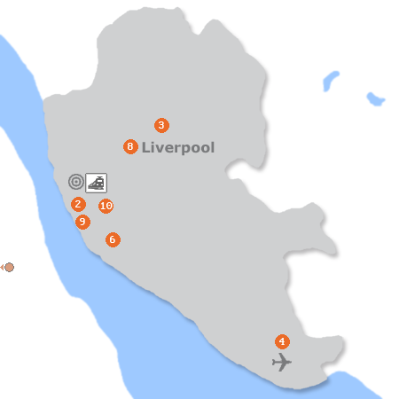 Karte mit Pensionen und anderen Unterkünften in Liverpool