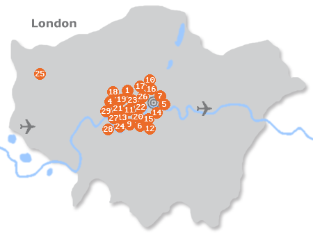 Karte mit Pensionen und anderen Unterkünften in London