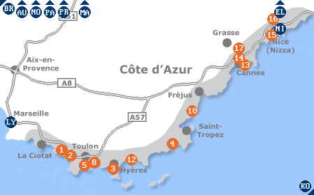 Karte mit Pensionen und anderen Unterkünften an der Côte d'Azur