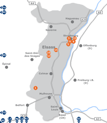 Karte mit Pensionen und anderen Unterkünften im Elsass