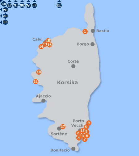 Karte mit Pensionen und anderen Unterkünften auf Korsika