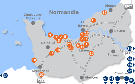 Karte mit Pensionen und anderen Unterkünften in der Normandie