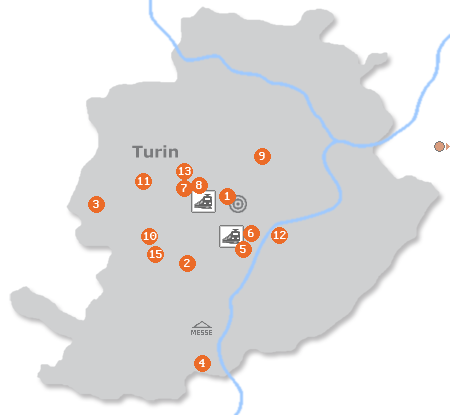 Karte mit Pensionen und anderen Unterkünften in Turin