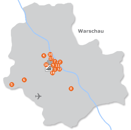 Karte mit Pensionen und anderen Unterkünften in Warschau