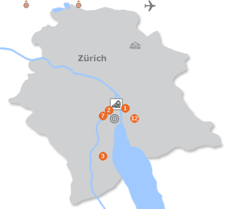 Karte mit Pensionen und anderen Unterkünften in Zürich