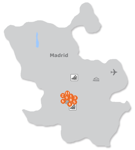 Karte mit Pensionen und anderen Unterkünften in Madrid
