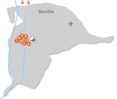 Karte mit Pensionen und anderen Unterkünften in Sevilla