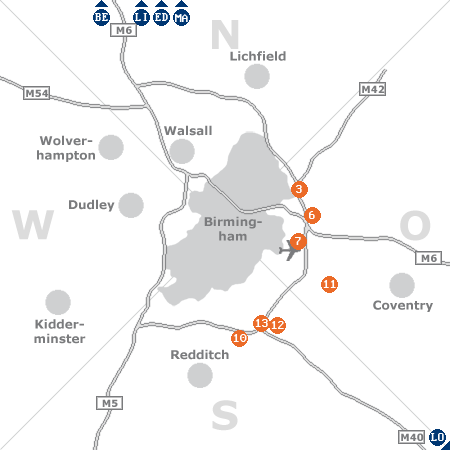 Karte mit Pensionen und anderen Unterkünften rund um Birmingham