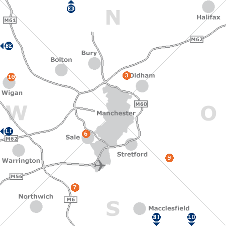 Karte mit Pensionen und anderen Unterkünften rund um Manchester