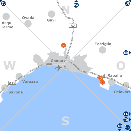 Karte mit Pensionen und anderen Unterkünften rund um Genua