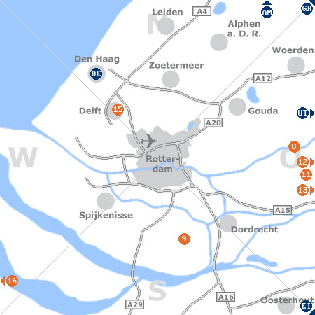 Karte mit Pensionen und anderen Unterkünften rund um Rotterdam