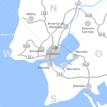 Karte mit Pensionen und anderen Unterkünften rund um Lissabon