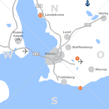 Karte mit Pensionen und anderen Unterkünften rund um Malmö