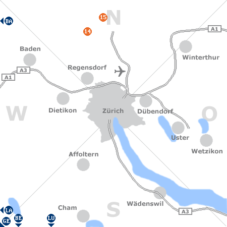 Karte mit Pensionen und anderen Unterkünften rund um Zürich