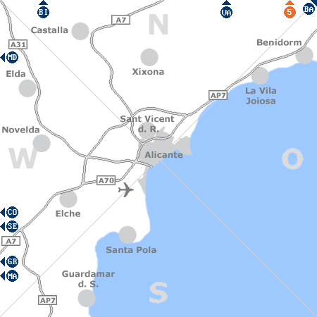Karte mit Pensionen und anderen Unterkünften rund um Alicante