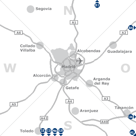 Karte mit Pensionen und anderen Unterkünften rund um Madrid