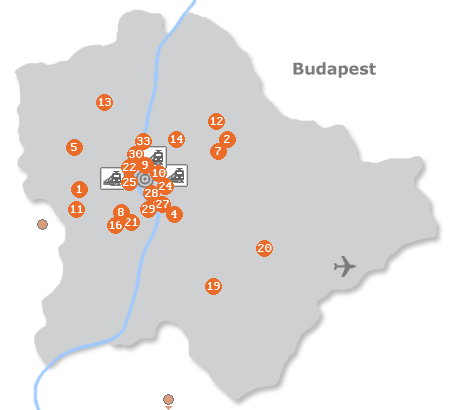 Karte mit Pensionen und anderen Unterkünften in Budapest