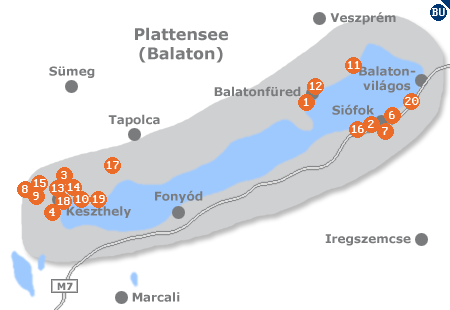 Karte mit Pensionen und anderen Unterkünften im Gebiet Plattensee/Balaton